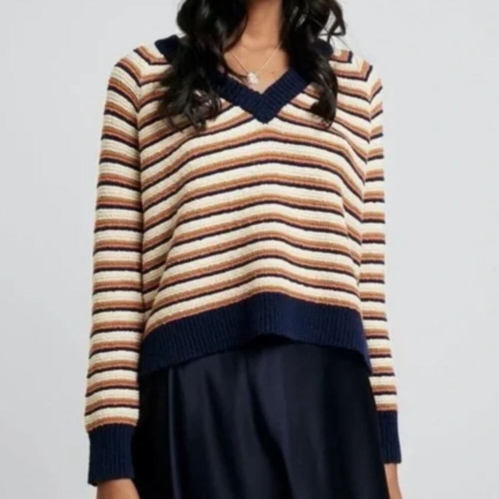 Madewell Arden Striped V-Neck Pullover Sweater XXS Cropped Knit Cotton Sweater
